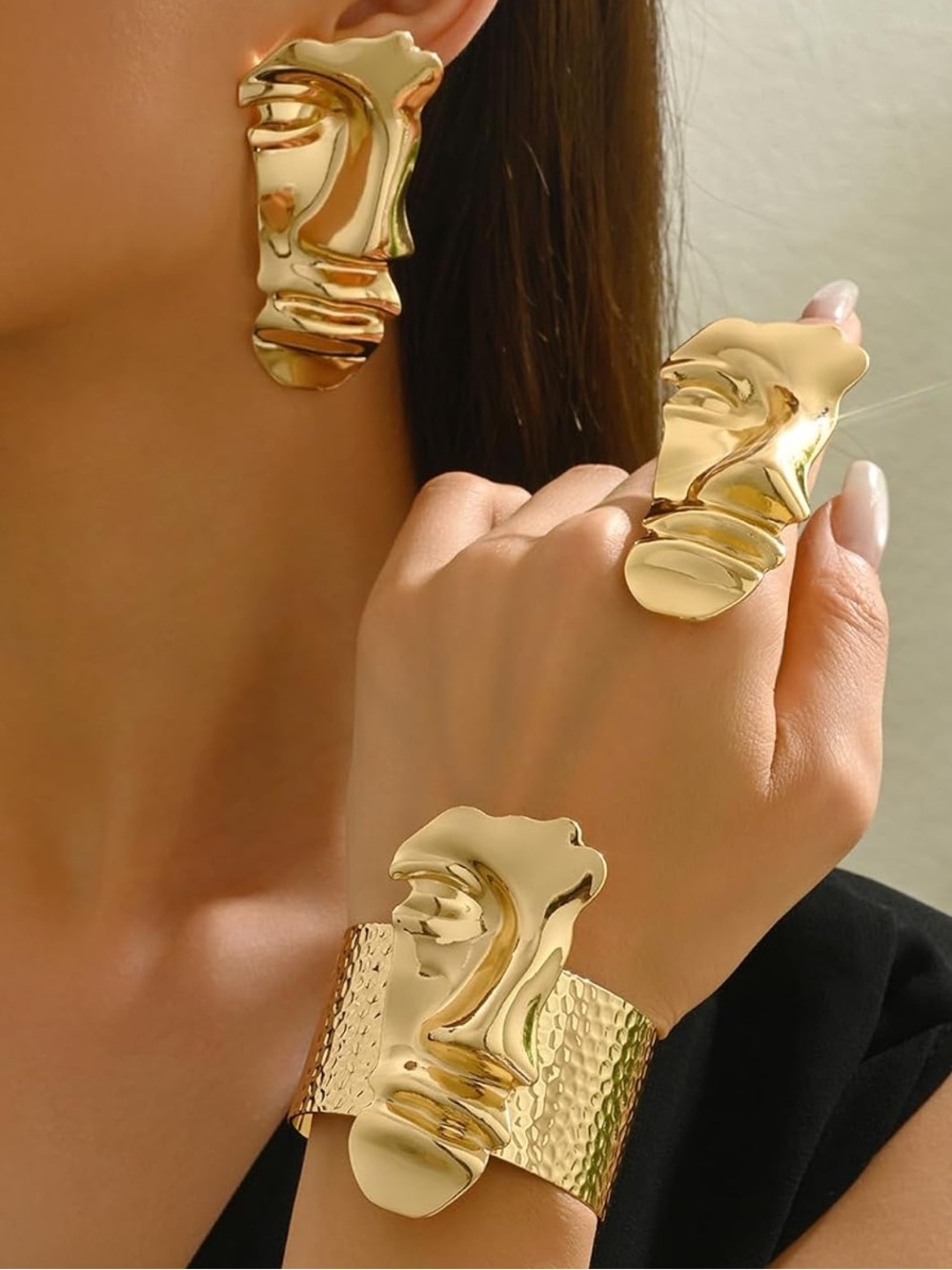 Zara Gold color  Abstract Face Bracelet, Ring & Earrings Set